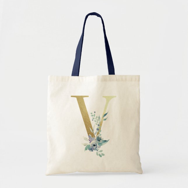 Bolsa Tote Ouro Monograma - Letra V Blue Watercolor Flowers (Frente)