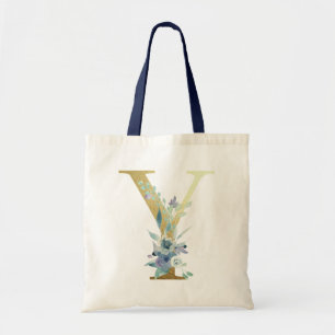 Bolsa Tote Ouro Monograma - Letra Y Blue Watercolor Flowers