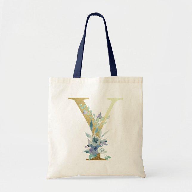 Bolsa Tote Ouro Monograma - Letra Y Blue Watercolor Flowers (Frente)