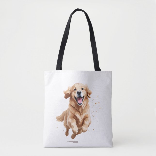Bolsa Tote Ouro Retriever Feliz Brincadeira Pulando No Ar (Frente)