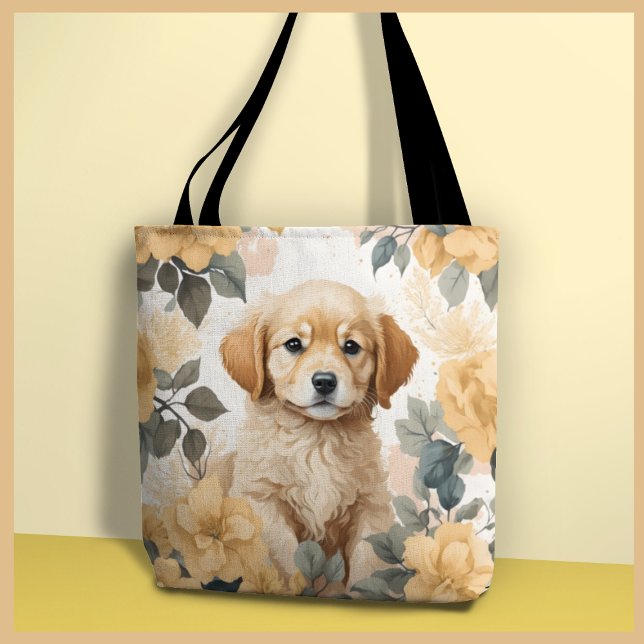 Bolsa Tote Ouro Retriever Flores Amarelas da Puppy (Criador carregado)