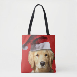 Bolsa Tote Ouro Retriever vestindo um Chapéu do Papai Noel