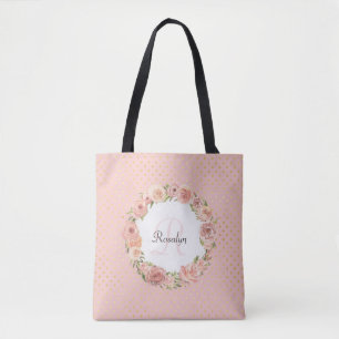 Bolsa Tote Ouro romântico nome Monogrammed floral pontilhado