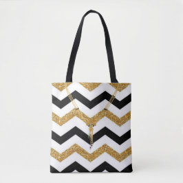Bolsa Tote Ouro,Zigzag branco e preto com colar