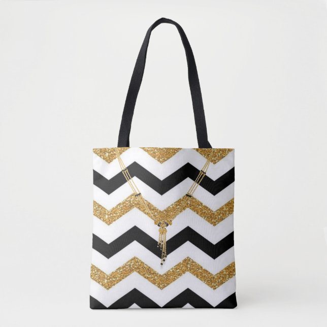 Bolsa Tote Ouro,Zigzag branco e preto com colar (Frente)