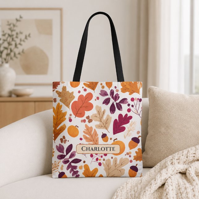 Bolsa Tote Outono Personalizado – Folhas de Outono & Nome de  (Criador carregado)