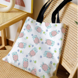 Bolsa Tote Ovelha Rosa com Flores & Frutas - Padrão Fofo
