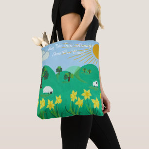 Bolsa Tote ovelhas bonitinhas com árvores colinas e espinhos