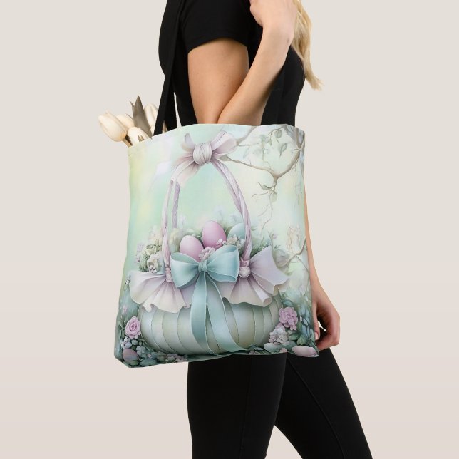 BOLSA TOTE OVOS E CESTA DE PÁSCOA ROSA E VERDE PASTEL (Close Up)