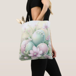 BOLSA TOTE OVOS E FLORES DE PÁSCOA ROSA E VERDE PASTEL