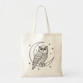 Bolsa Tote Owl on Crescent Moon with Stars Line Art