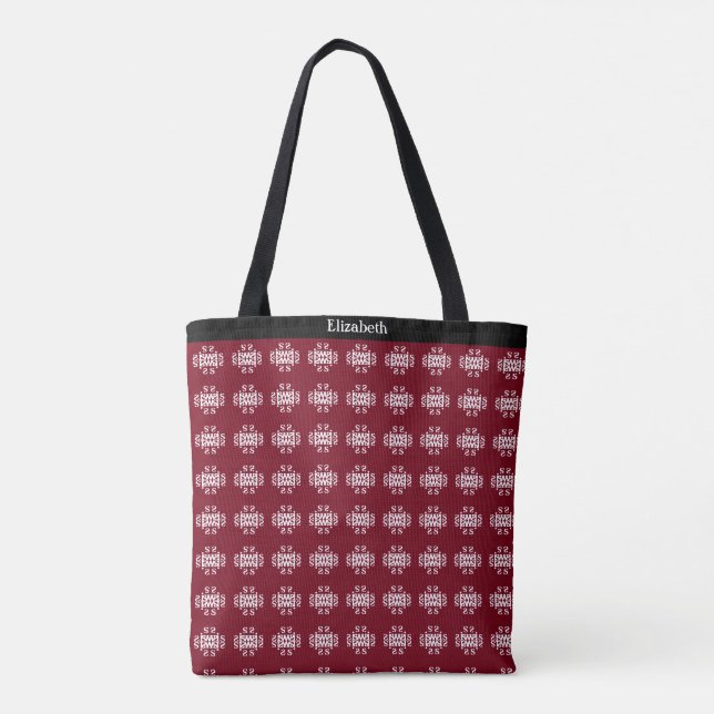 Bolsa Tote Padrão abstrato moderno branco em burgundy (Verso)