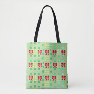 Bolsa Tote Padrão Abstrato Verde e Amarelo com Laços Vermelho