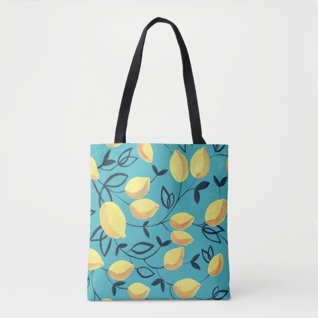 Bolsa Tote Padrão amarelo de guache em turquesa. (Frente)