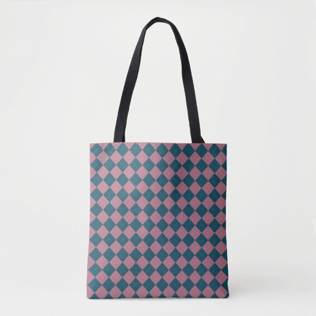 Bolsa tote padrão argyle azul oceano rosa (Frente)