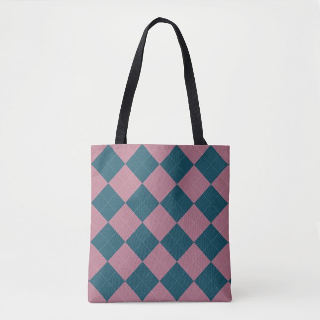 Bolsa tote padrão argyle azul oceano rosa (Frente)
