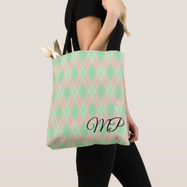 Bolsa Tote Padrão Argyle Rosa e Tons de Verde
