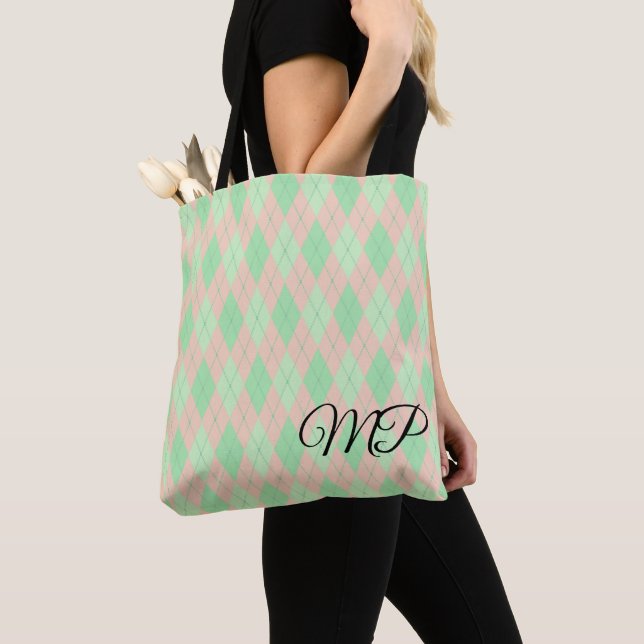 Bolsa Tote Padrão Argyle Rosa e Tons de Verde (Close Up)