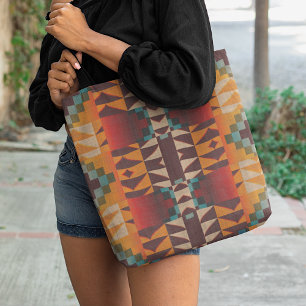 Bolsa Tote Padrão Artístico Tribal Azul Teal Vermelho Marrom