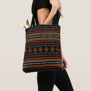 Bolsa Tote Padrão Aztec Rusts Teal Black Mixed Motifs