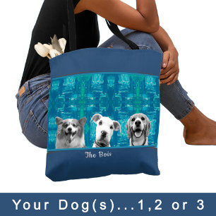 Bolsa Tote Padrão Azul com Cachorro de Foto Preto e Branco Mã