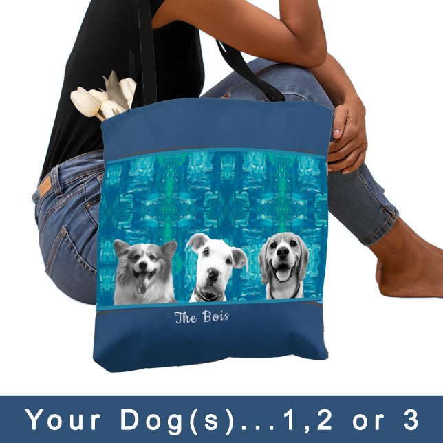 Bolsa Tote Padrão Azul com Cachorro de Foto Preto e Branco Mã (Criador carregado)