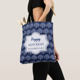 Bolsa Tote Padrão azul da menorá feliz de Hanukkah