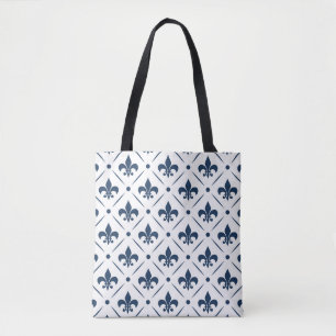 Bolsa Tote Padrão azul escuro Fleur De Lis sobre fundo branco
