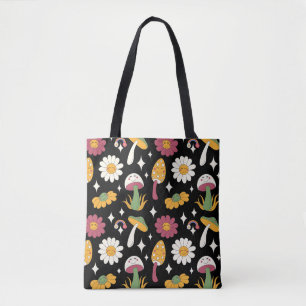 Bolsa Tote Padrão Black Mushroom, Rainbow e Daisies