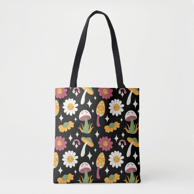 Bolsa Tote Padrão Black Mushroom, Rainbow e Daisies (Frente)