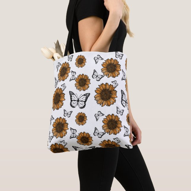 Bolsa Tote Padrão Boho de Girassol e Borboletas  (Close Up)