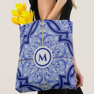 Bolsa Tote Padrão bonito do Azulejo Azul + Branco