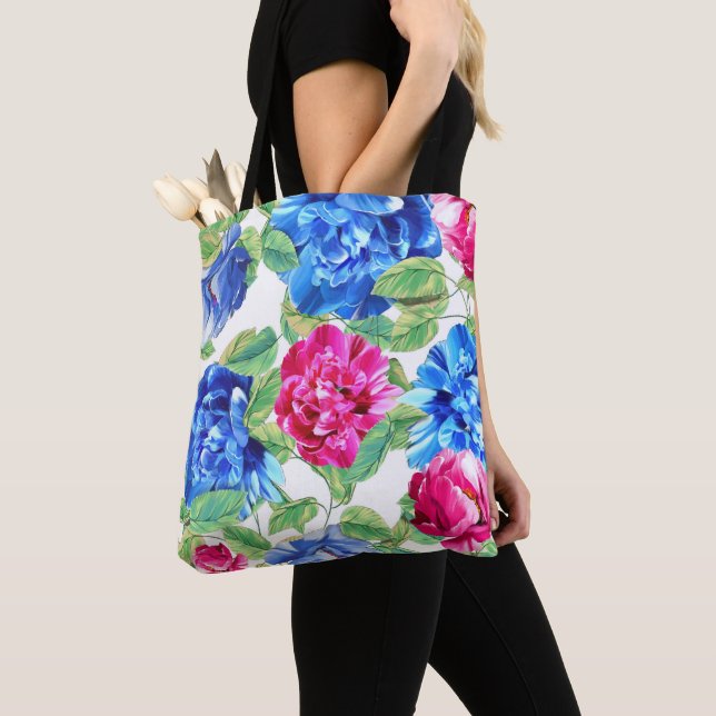 Bolsa Tote Padrão Bonito Floral Azul e Rosa Brilhante (Close Up)