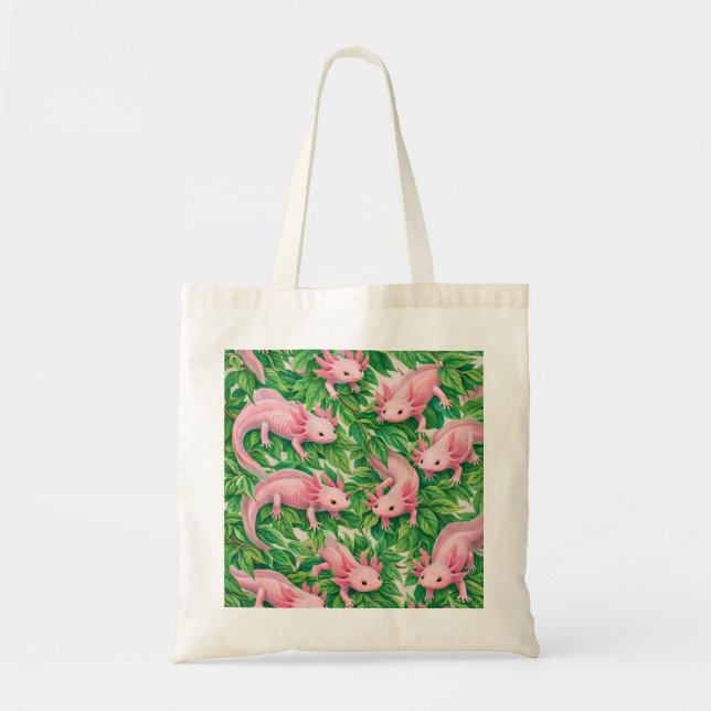 Bolsa Tote Padrão Botânico de Axolote Rosa (Frente)