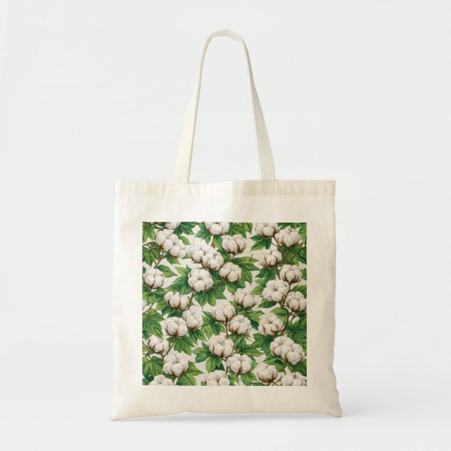 Bolsa Tote Padrão Botânico de Cápsula de Algodão Branco (Frente)
