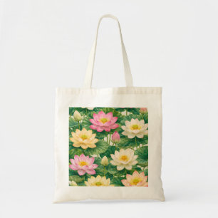 Bolsa Tote Padrão Botânico de Flor de Lótus Rosa e Amarela