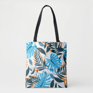 Bolsa Tote Padrão Branco Brilhante de Folhas Tropicais