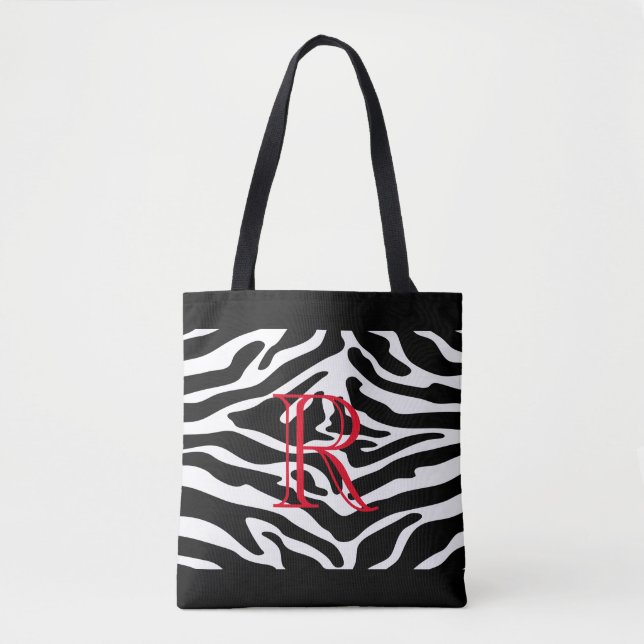 Bolsa Tote Padrão branco de zebra sobre qualquer cor com mono (Frente)