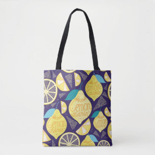 Bolsa Tote Padrão brilhante de limões e cascas em azul escu