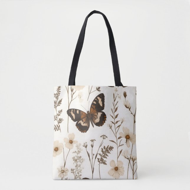 Bolsa Tote Padrão Caprichoso de Borboleta e Flor (Frente)