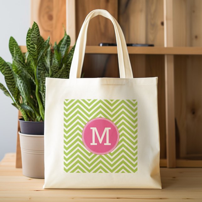 Bolsa Tote Padrão Cevon Rosa e Verde com Monograma (Personalized tote bag with chevrons and monogram)