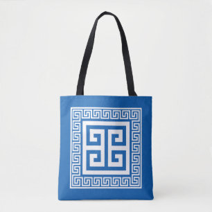 Bolsa Tote Padrão-Chave Grego Branco E Design Azul