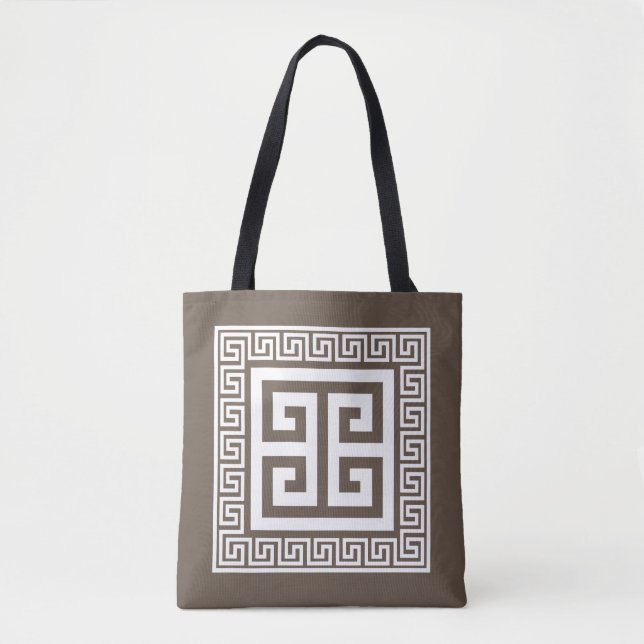 Bolsa Tote Padrão-Chave Grego Branco E Design Castanho (Frente)