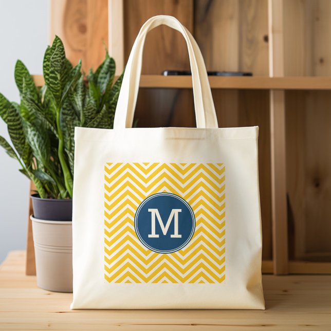 Bolsa Tote Padrão Chevron Amarelo e Azul com Monograma (Personalized tote bag with monogram)