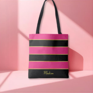 Bolsa Tote Padrão Chic Modern preto-rosa Stripes com Nome