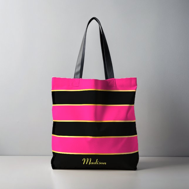 Bolsa Tote Padrão Chic Modern preto-rosa Stripes com Nome (Criador carregado)