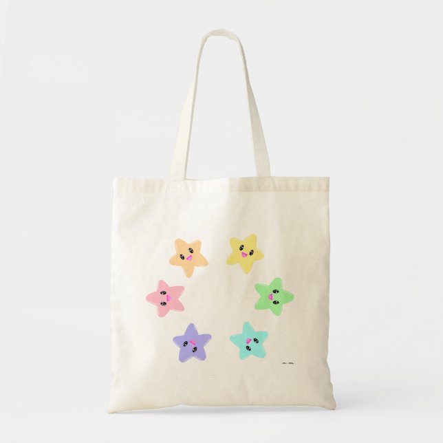 Bolsa Tote Padrão Circular de Estrelas do Arco-Íris Cute Kawa (Frente)