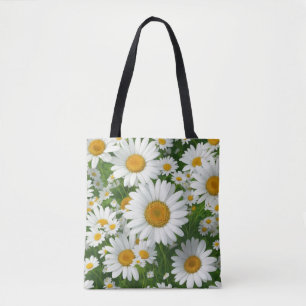 Bolsa Tote Padrão clássico de margarida branco floral verde