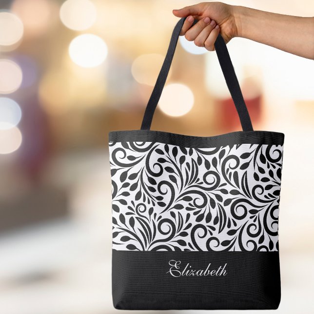 Bolsa Tote Padrão Clássico Preto e Branco de Nome Personaliza (Criador carregado)