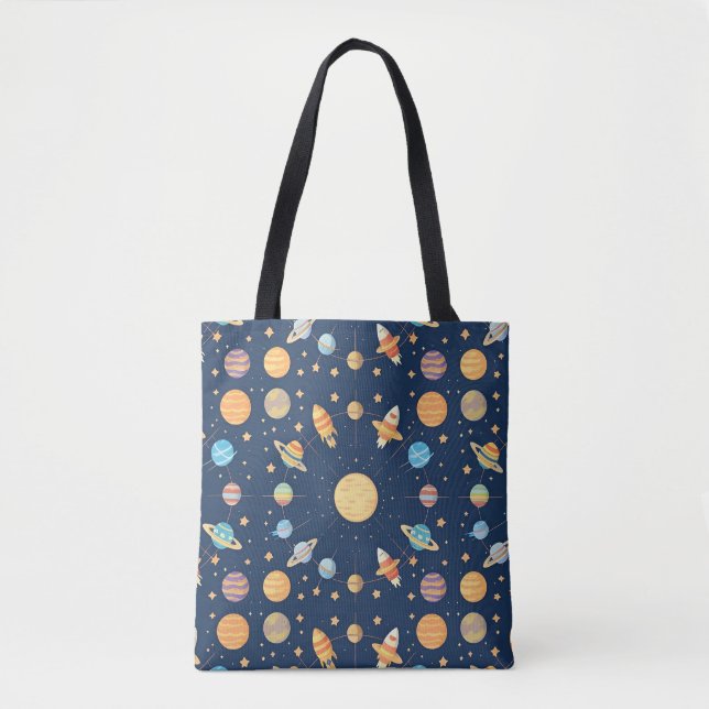 Bolsa Tote Padrão Colorido com Tema Espacial com Planetas (Frente)